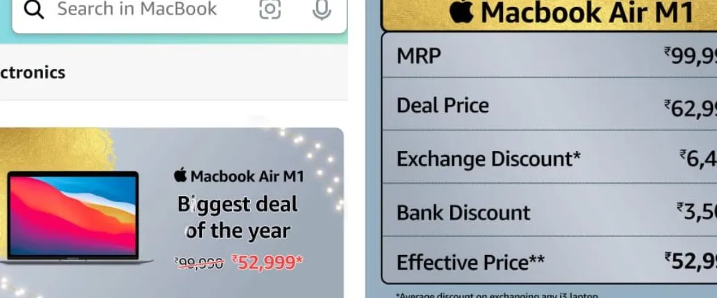 MacBook Air M1 deal listing in Amazon app.