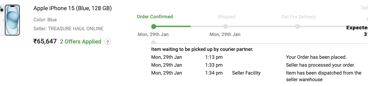 Screenshot of the iPhone 15 order summary. Flipkart Axis Bank Cashback to be credited later.