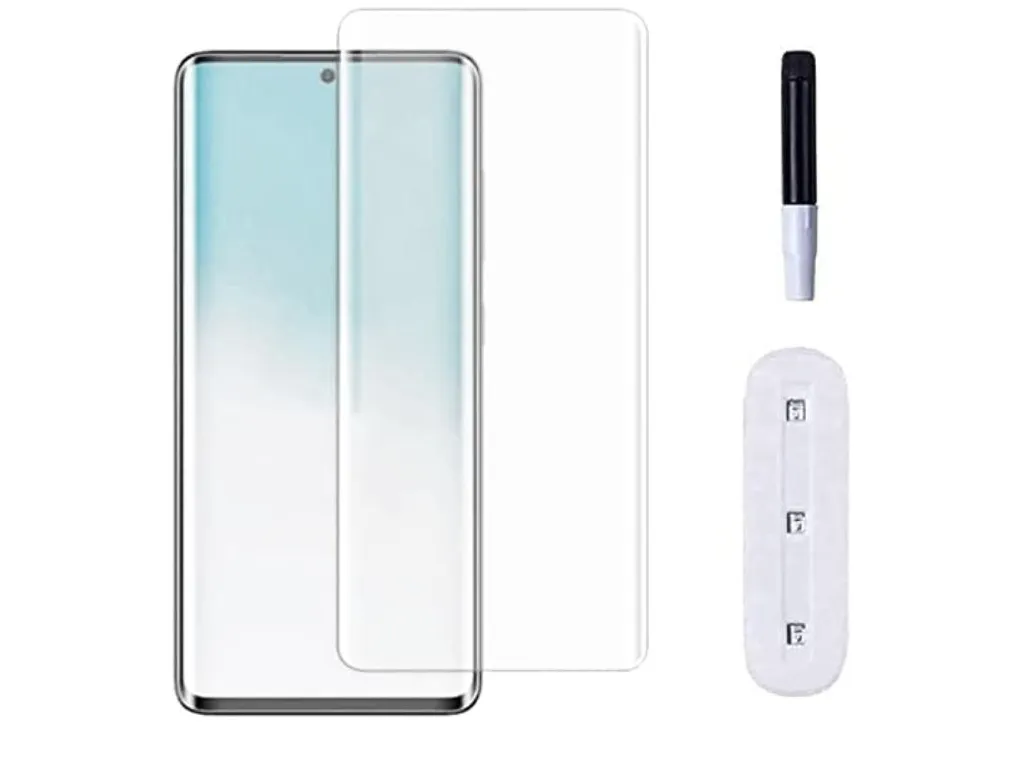 These screen protectors come with a container that has glue, and a UV light to cure it.